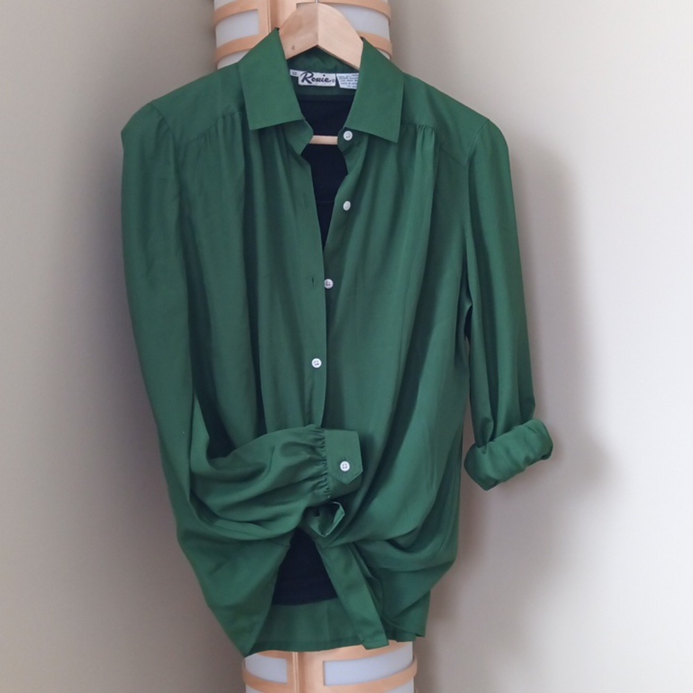Ptp21" Vintage Flowy Green Long Sleeve Ruched Button Blouse - Picture 15 of 15